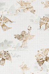 Obraz premium Vintage angel pattern vector background, angel playing on bells, remixed from artworks by Sir Edward Coley Burne-Jones