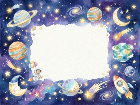 Watercolor space frame features planets, stars, comets, a rocket, and blank copy space for text.