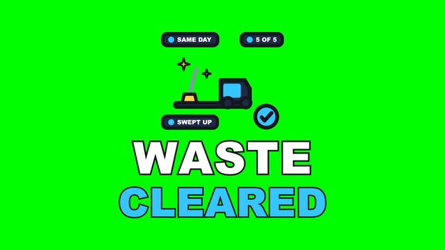 4K green screen WASTE CLEARED animated text - the heap going piece by piece into the back of the van, kinetic typography waste clearance overlay for removals content, chroma key