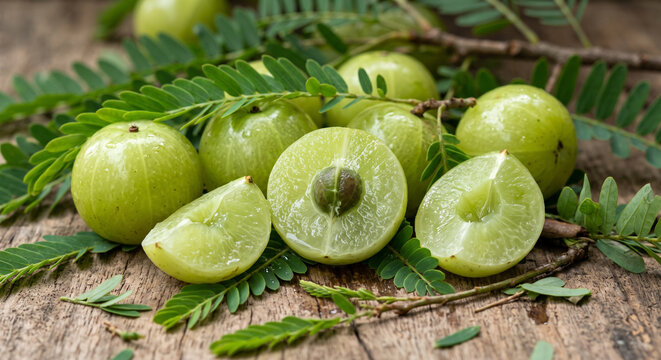 Fresh green amla fruits with leaves are arranged on a rustic wooden surface.