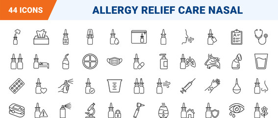 Obraz premium Nasal spray line icon set. Vector pictograms of sinus, care, allergy, and rhinitis elements, thin linear illustration.