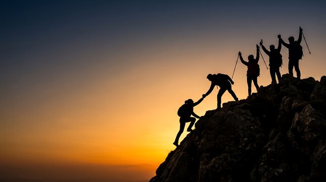 Group of hikers helping each other climb a mountain peak at sunset