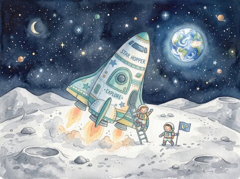 Astronauts land a colorful retro rocket ship on the surface of the moon with Earth visible in deep space.