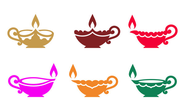 Six colorful oil lamps with flames are displayed as flat vector silhouettes against a white background oil lamps diya