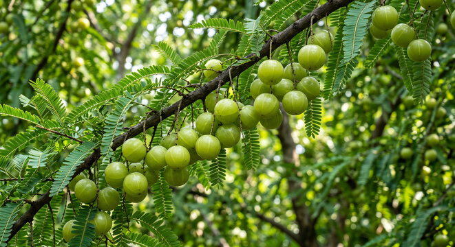 Small round green amla fruits hang from a leafy branch on a tree in a lush garden.