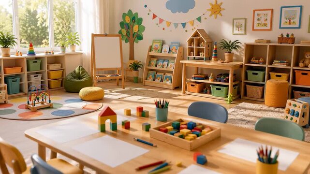 Bright preschool classroom filled with educational toys, books and creative learning materials in a warm animated early childhood environment