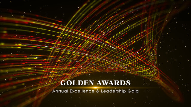 Luxurious event background combining glowing golden, yellow, and red curved light trails with starry space, featuring the GOLDEN AWARDS title and Annual Excellence and Leadership Gala subtitle.