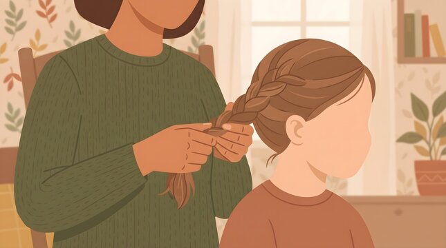 Mother Braiding Child&rsquo;s Hair From Behind, Loving Parenting and Family Care Concept