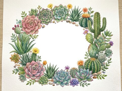 Succulents and desert cactus plants form a round botanical watercolor wreath.