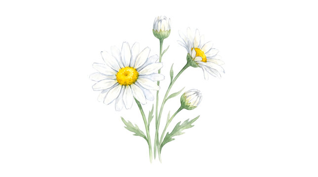 Watercolor daisy wildflower bouquet, delicate white chamomile flowers with green stems, botanical floral illustration for wedding stationery isolated PNG with Transparent Background