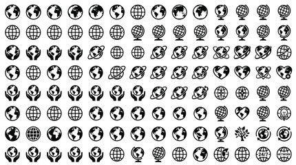 Fototapeta premium Set of black and white globe icons depicting various international business concepts for digital design projects and web interface graphics