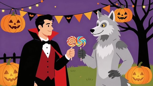 Vampire and Werewolf Sharing Colorful Lollipops at Halloween
Vampire and Fox Costum