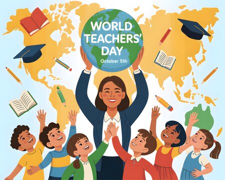 Happy teacher celebrating world teachers day with students