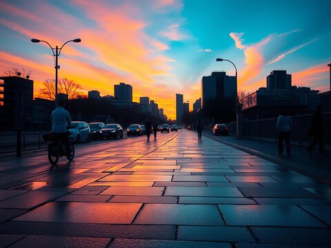 Wet pavement reflects city dwellers' silhouettes at sunset, reflection, day's end