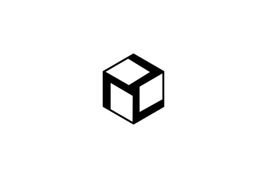 A minimalist black geometric cube logo featuring an impossible object illusion created with interlocking L-shapes