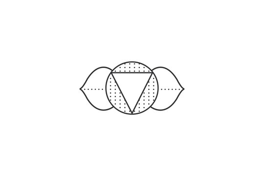 A minimalist black outline icon representing the Ajna or Third Eye Chakra symbol, featuring two lotus petals flanking a central dotted circle and an inverted triangle