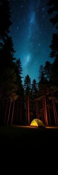 Silent forest glade under starry night sky, tent pitched in center, surrounded by towering trees, galaxy, trail