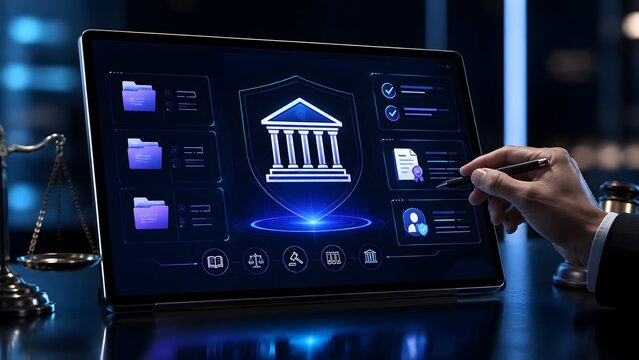 Legal Law And Compliance Dashboard On Tablet With Scales Of Justice