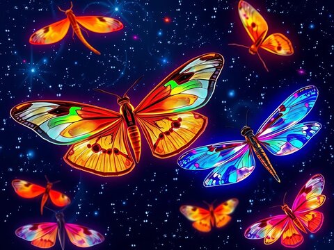 Neon moths and dragonflies dance across a starry night sky, their iridescent wings shimmering with vibrant hues, dragonflies, sky