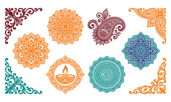 Collection of colorful mandala designs paisley patterns and decorative corner ornaments for traditional indian festival graphic projects