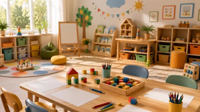 Bright preschool classroom filled with toys, books and creative materials in a warm animation about early learning through play