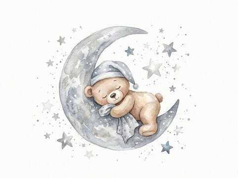 Teddy bear sleeps peacefully on a crescent moon surrounded by stars in a watercolor illustration.