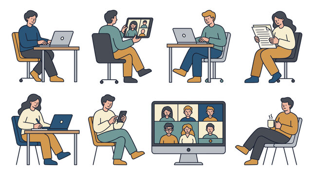 Diverse people working on laptops and attending virtual meetings