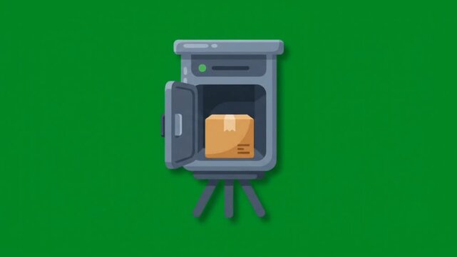 Flat 2D Animation of Parcel Locker Opening with Package on Green Screen