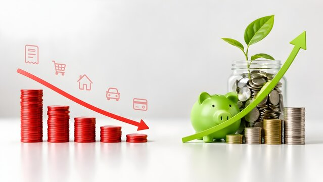 Cost Reduction And Financial Savings Concept With Red And Green Coins And Plant