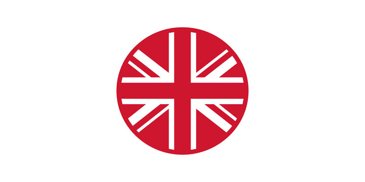 Red circular symbol resembling Union Jack for UK identity.