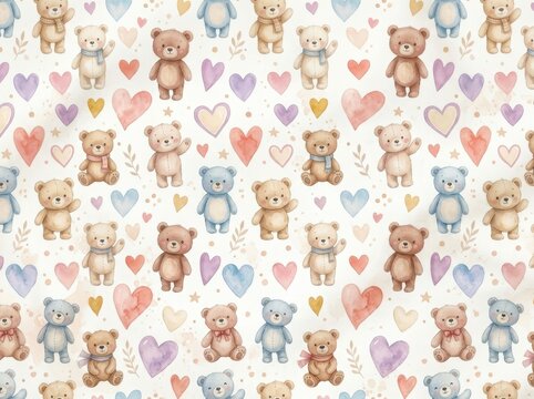 Teddy bear seamless pattern contains colorful hearts and cute plush toys on a textured background.