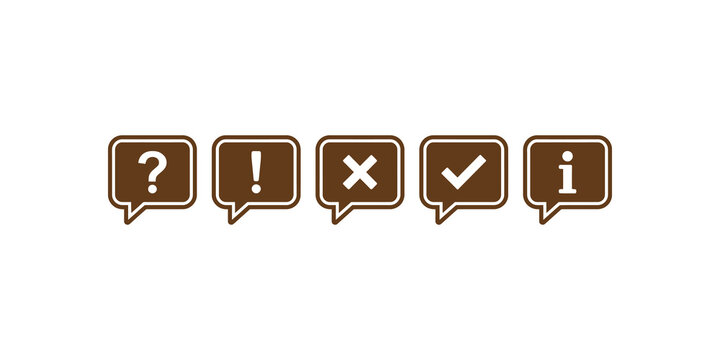 Speech bubble icons with symbols for questions and information.