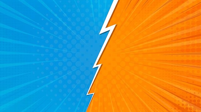 Comic Lightning Versus Background With Blue And Orange Radial Halftone