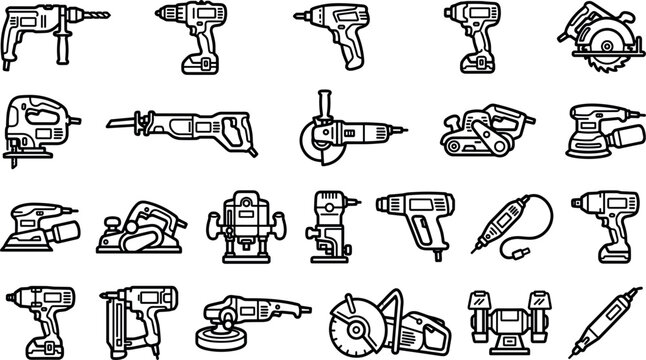 Electric power tools construction and woodworking line icon set vector