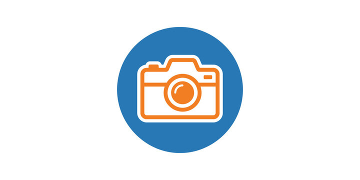 Orange camera line icon inside blue circle button for photography.
