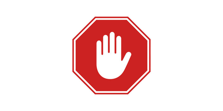 Red stop sign icon with open hand for safety and security alert warnings.