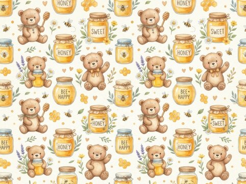 Teddy bears with honey jars and flying bees form a sweet seamless watercolor pattern for nursery decor.
