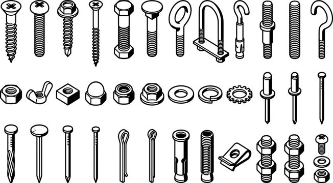 Hardware fastener screw bolt nut line icon set vector