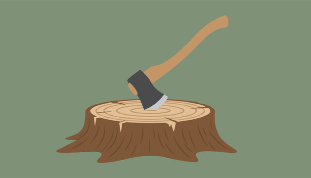 Metal axe stuck in a brown tree stump with ring texture on a solid green background, forestry or woodworking concept.