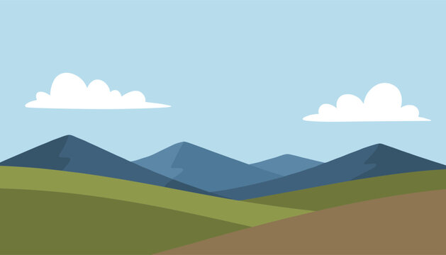 Peaceful landscape illustration of rolling green hills, distant blue mountains, and white clouds in a soft blue sky.
