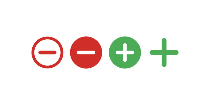 Plus and minus math operator icons in red and green for ui navigation.