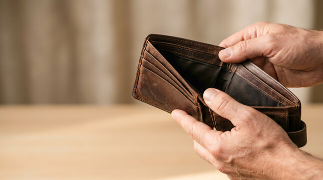 Man Opening Empty Wallet with Copy Space.