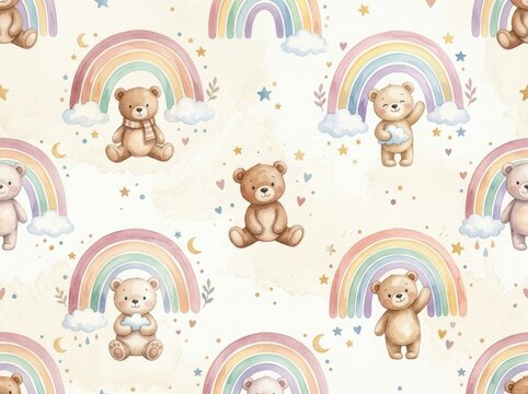 Teddy bears and pastel rainbows create a cute seamless watercolor pattern for nursery decor and fabric design.