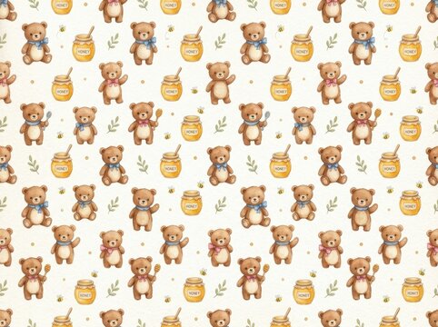 Teddy bear pattern displays cute watercolor animals, honey jars, and leaves in a seamless repeat background.