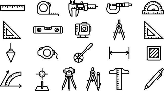Measuring tools drafting and engineering equipment line art icon set vector
