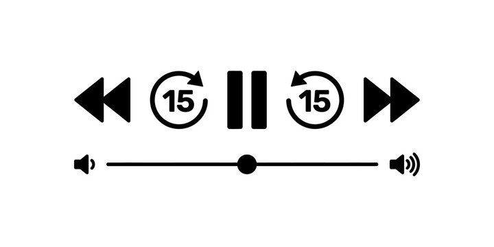 Black media player control buttons set with volume slider for audio.