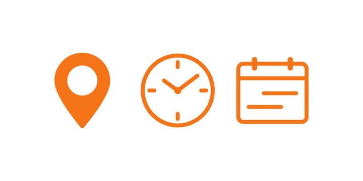 Orange minimalist travel map pin location clock and calendar icon set.