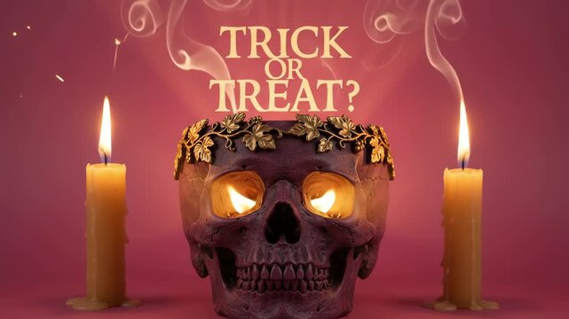 Skull decorated with golden leaves sits between two burning candles on a pink surface with a festive Halloween text display overhead to create a spooky atmosphere for the upcoming holiday season.