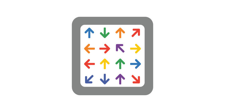 Multi colored directional arrow matrix icon for navigation systems.