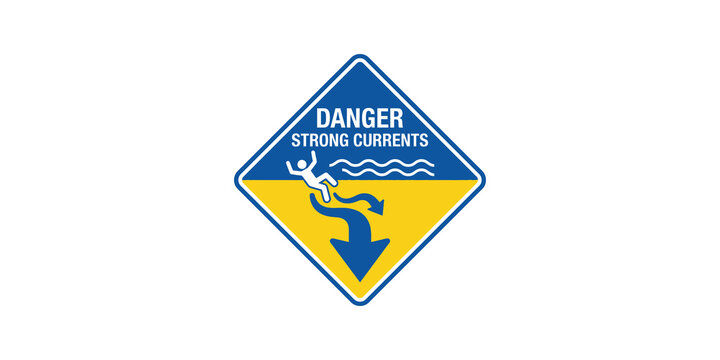 Blue and yellow diamond shaped danger strong currents warning sign icon.